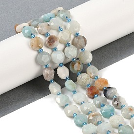 Natural Flower Amazonite Beads Strands, Faceted Pentagonal Cut, Flat Round, with Seed Beads