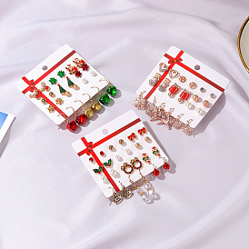 Christmas Earrings Set - Santa Claus Oil Drop Studs, Bell Tree Hoops (12-Pack)