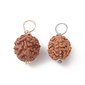 Round Natural Wood Pendants, Sienna Rudraksha Charms, with Copper Wire