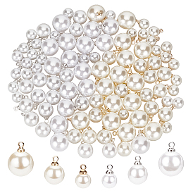 96Pcs 6 Style ABS Plastic Imitation Pearl Charms, with Alloy Findings, White, Round