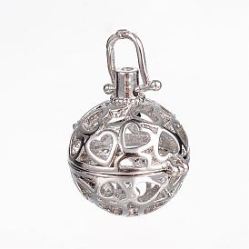 Brass Cage Pendants, For Chime Ball Pendant Necklaces Making, Hollow Round with Heart, Cadmium Free & Nickel Free & Lead Free