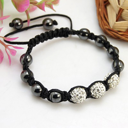 Bracelets tressés de boule disco de mode, bracelet noeud carré, avec des perles d'hématte et des perles d'argile strass, Grade a, diamètre intérieur: 45 mm
