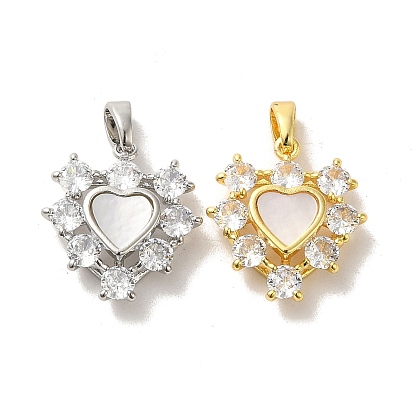 Brass Micro Pave Cubic Zirconia Pendants, Cadmium Free & Nickel Free & Lead Free, with Shell, Heart