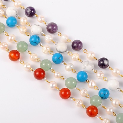 Redondas hechas a mano de piedras preciosas perlas de cadenas para collares pulseras hacer, con perlas de vidrio y chapado en color plateado y alfiler de ojo de hierro dorado, sin soldar, 39.3 pulgada