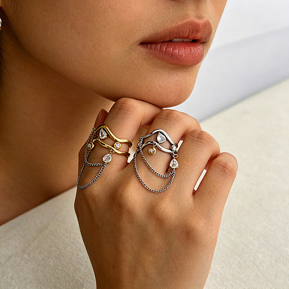 304 Stainless Steel Pave Cubic Zirconia Cuff Open Rings, Wave & Teardrop