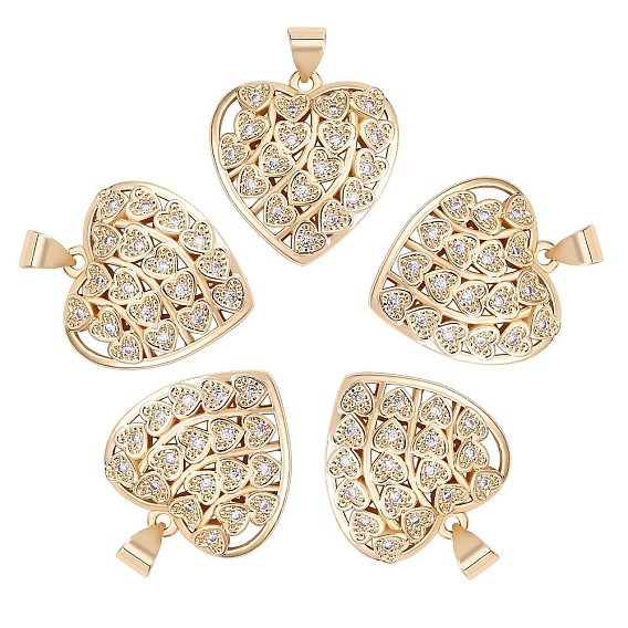 5Pcs Brass Micro Pave Clear Cubic Zirconia Pendants, Nickel Free, Heart