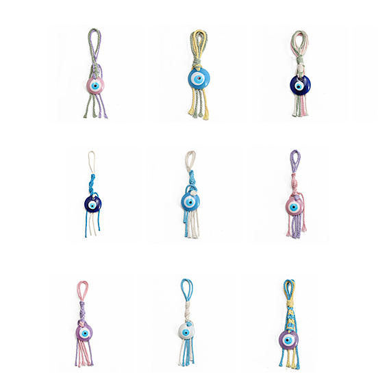 Flat Round with Evil Eye Resin Pendant Decorations, Cotton Cord Braided Tassel Hanging Ornament