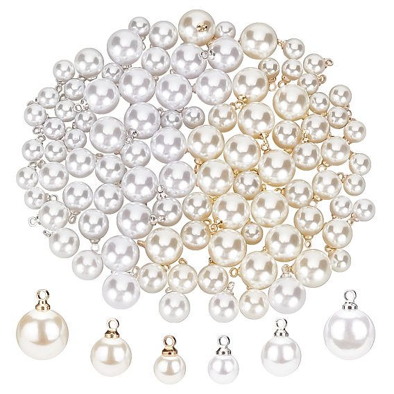 96Pcs 6 Style ABS Plastic Imitation Pearl Charms, with Alloy Findings, White, Round