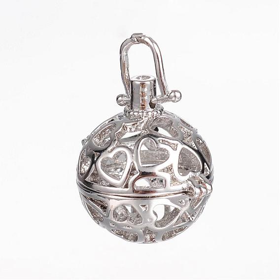 Brass Cage Pendants, For Chime Ball Pendant Necklaces Making, Hollow Round with Heart, Cadmium Free & Nickel Free & Lead Free