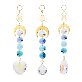 Electroplate Glass Heart & Teardrop Window Hanging Suncatchers, Golden Brass Sun & Moon and Glass Octagon Beads Pendants Decorations Ornaments