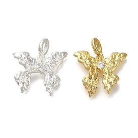 Rack Plating Brass Micro Pave Cubic Zirconia Pendants, Long-Lasting Plated, Texture, Butterfly