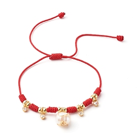 Adjustable Nylon Thread Cord Bracelets, with Alloy Natural Pearl & Brass Rhinestone Charms