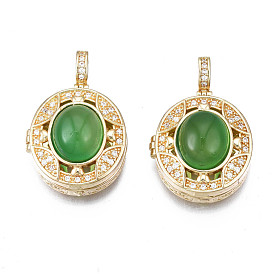 Brass Micro Pave Clear Cubic Zirconia Locket Pendants, with Green Glass Imitation Cat Eye, Hollow Oval