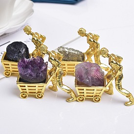Brass Miner Cart Ornaments with Raw Natural Gemstone, for Office Home Display Decorations