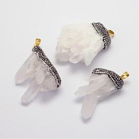 Natural Druzy Quartz Crystal Big Pendants, with Polymer Clay Rhinestones and Brass Findings, Nuugets