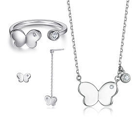 Butterfly Jewelry Set for Women with Asymmetrical Earrings and Necklace, 925 Silver Ring.