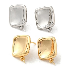 Square Brass Stud Earring Findings, with 925 Sterling Silver Pins, for Half Drilled Beads