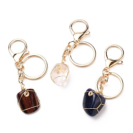 Wire Wrapped Natural Gemstone Keychain, with Golden Plated Alloy Swivel  Clasps and Iron Split Key Rings, Nuggets