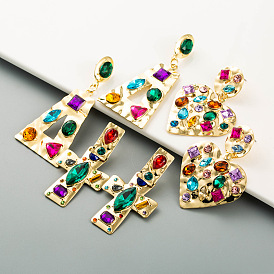 Geometric Heart-shaped Alloy Earrings with Colorful Rhinestones - Vintage Gold Ear Jewelry
