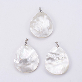 Natural White Shell Mother of Pearl Shell Big Pendants, with Platinum Tone Brass Bail, Drop