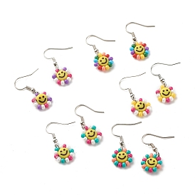 Smiling Face Dangle Earrings, Glass Seed Beads Drop Earrings for Women