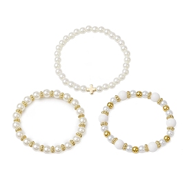 3Pcs 3 Style CCB Imitation Pearl White Jade Beads Bracelets Sets, with 304 Stainless Steel Beads and Brass Pendants for Women