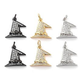 Rack Plating Brass Micro Pave Clear Grade AAA Cubic Zirconia Pendants, with Jump Ring, Long-Lasting Plated, Cadmium Free & Lead Free, Witch Hat Charms