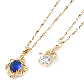201 Stainless Steel Cable Chain Necklaces, Brass Micro Pave Clear/Blue Cubic Zirconia Pendant Necklaces, Real 18K Gold Plated