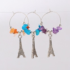 Gemstone Wine Glass Charms, with Tibetan Style Alloy Eiffel Tower Pendant, Iron Beads and Brass Hoop Earrings, Platinum, 58mm, pin: 0.7mm