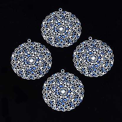 430 Stainless Steel Pendants, Spray Painted, Etched Metal Embellishments, Flat Round with Flower Pattern