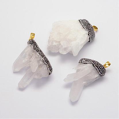Natural Druzy Quartz Crystal Big Pendants, with Polymer Clay Rhinestones and Brass Findings, Nuugets