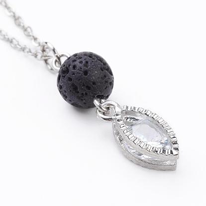 Alloy Charms with Cubic Zirconia Pendant Necklaces, with Natural Lava Rock Beads, Brass Chains and Iron Findings, Mixed Shapes