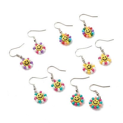 Smiling Face Dangle Earrings, Glass Seed Beads Drop Earrings for Women