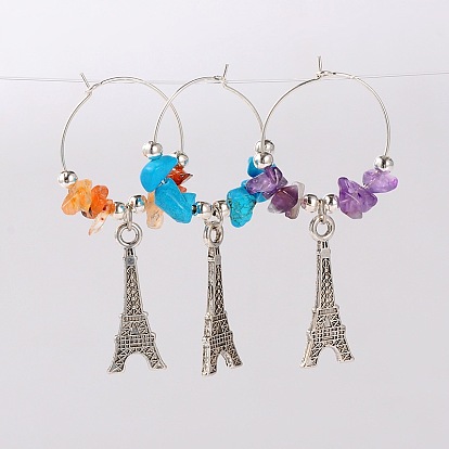 Gemstone Wine Glass Charms, with Tibetan Style Alloy Eiffel Tower Pendant, Iron Beads and Brass Hoop Earrings, Platinum, 58mm, pin: 0.7mm
