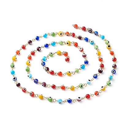 Handmade Evil Eye Lampwork Round Beads Link Chains, with Golden 304 Stainless Steel Eye Pins, for Bracelet Necklace Making