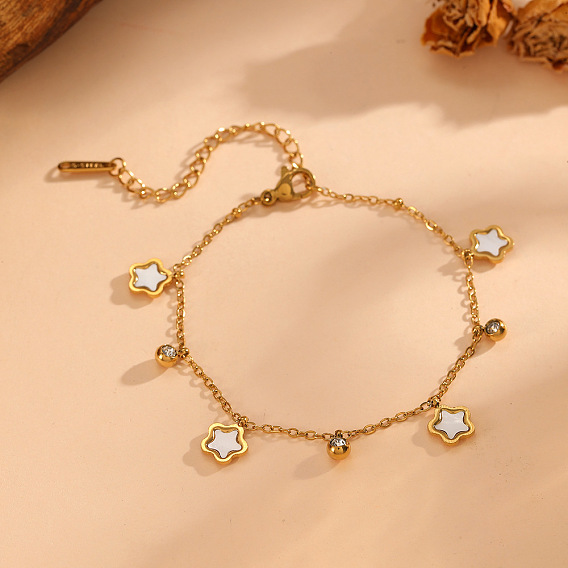 304 Bracelets multi-breloques en acier inoxydable, coquillage blanc naturel, étoile, cœur et larme pour femmes, avec de la zircone cubique clair, or