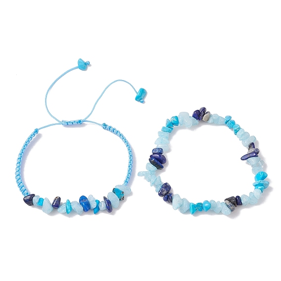 2шт. регулируемые наборы плетеных браслетов из натуральных смешанных драгоценных камней, синтетические драгоценные камни ромбовидные эластичные браслеты для женщин