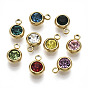 Vacuum Plating 201 Stainless Steel Rhinestone Charms, Birthstone Charms, Flat Round, Real 18K Gold Plated