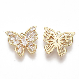 Brass Micro Pave Clear Cubic Zirconia Charms, Filigree Joiners Findings, Nickel Free, Butterfly, Real 18K Gold Plated