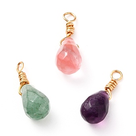 Wire Wrapped Faceted Gemstone Pendants, with Golden Plated Brass Wire, Teardrop