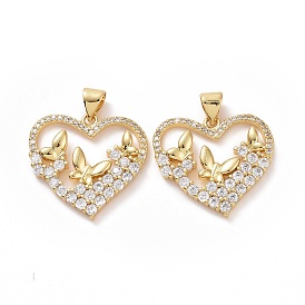 Brass Cubic Zirconia Pendants, Heart with Butterfly Charm
