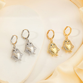 Модные серьги-кольца из латуни с прозрачным кубическим цирконием в виде птицы и сердца