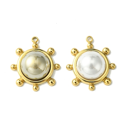 Ion Plating(IP) 304 Stainless Steel Pave Shell Pearl Pendants, Sun Charms, Real 14K Gold Plated