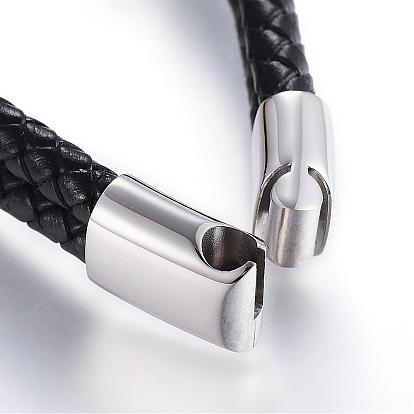 Braided Leather Cord Mkulti-strand Bracelets, with 304 Stainless Steel Magnetic Clasp