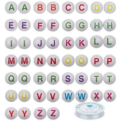 Craft Acrylic Beads, Round with Mixed Initial Letters, with Clear Elastic Crystal Thread