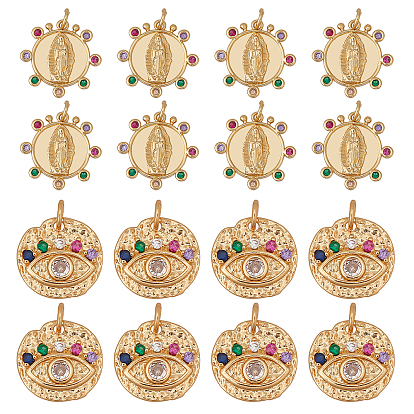16Pcs 2 Styles Brass Micro Pave Clear Cubic Zirconia Charms, with Jump Rings, Flat Round