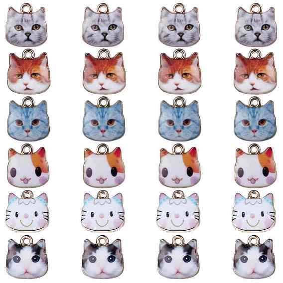 Light Gold Plated Alloy Enamel Charms, Cat