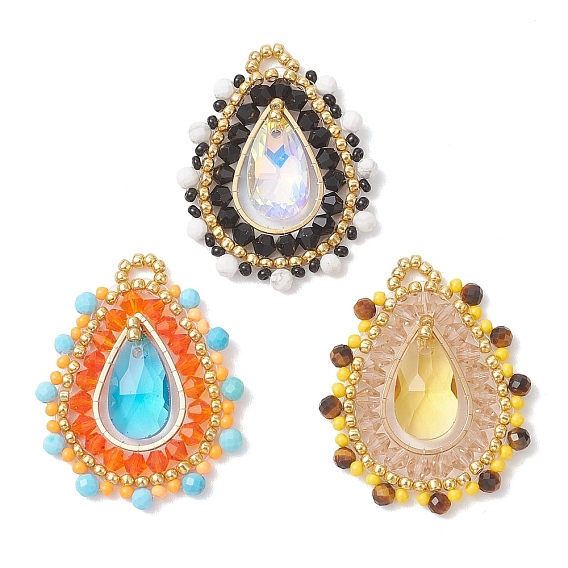 Подвески из натурального камня ограненных круглых камней и стеклянного бисера., слезинки, золотые