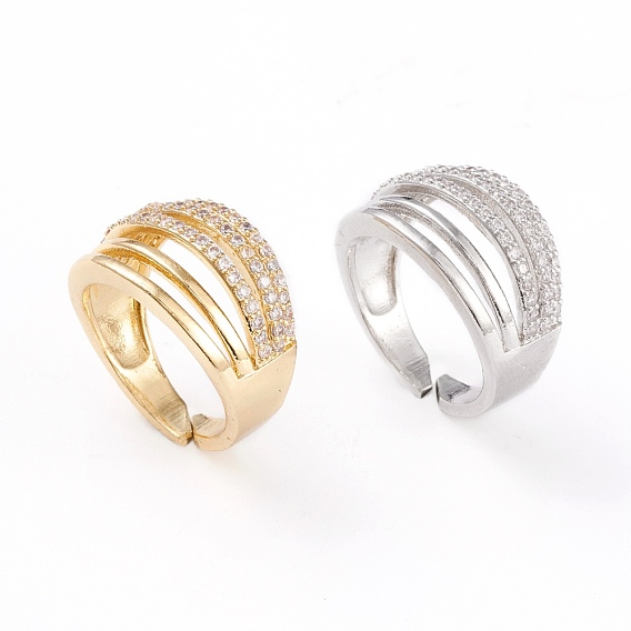 Adjustable Brass Micro Pave Clear Cubic Zirconia Cuff Rings, Open Rings, Long-Lasting Plated