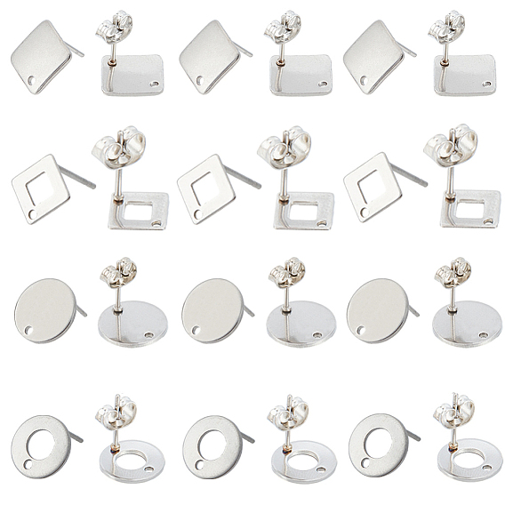 80 шт. 4 стили ромбовидные и плоские круглые и пончиковые серьги-гвоздики из нержавеющей стали, с отверстиями и гайками/задней частью сережек